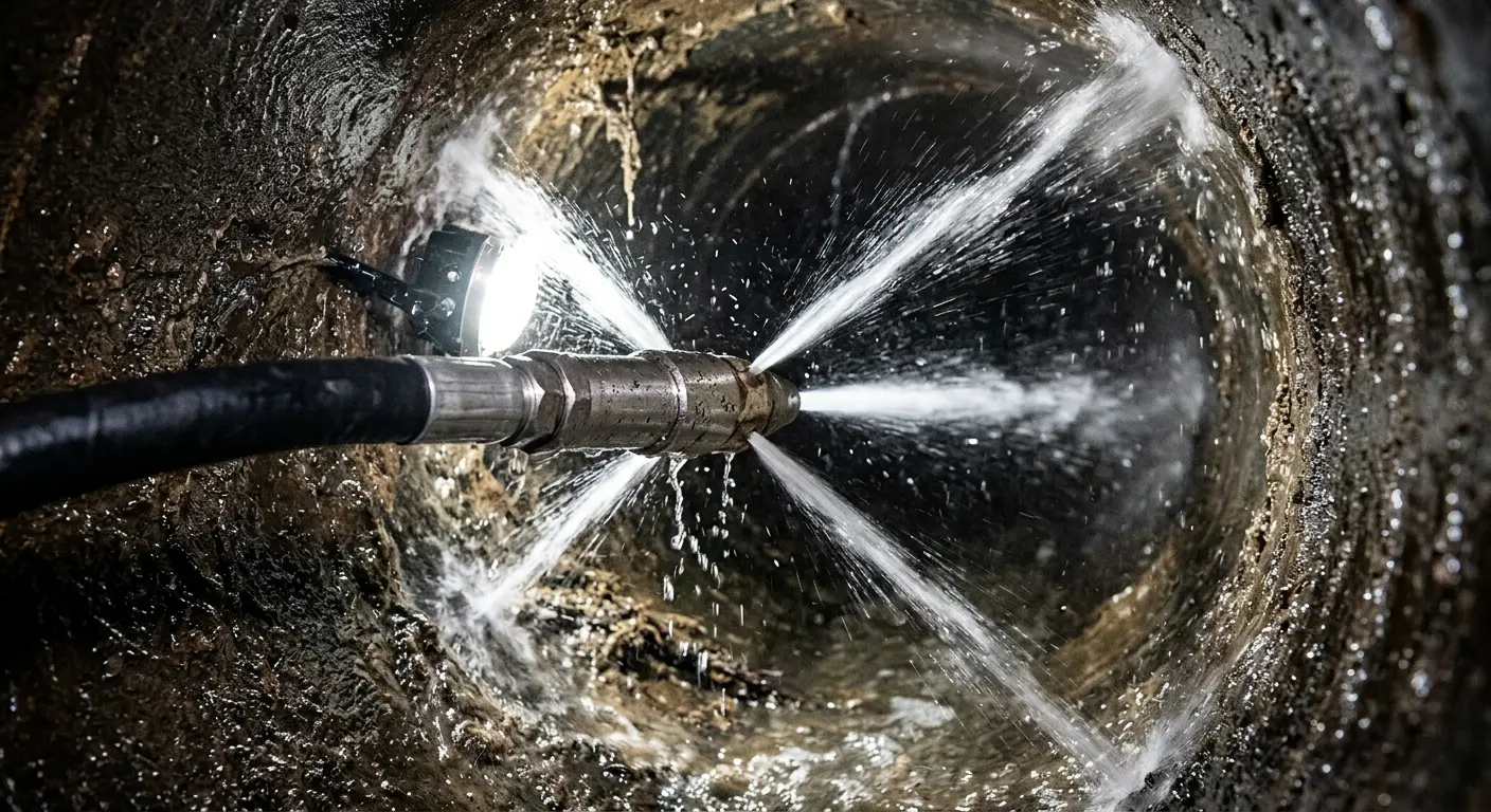High-pressure hydro jetting nozzle cleaning sewer pipe for Sewer Cleanout in Cazenovia