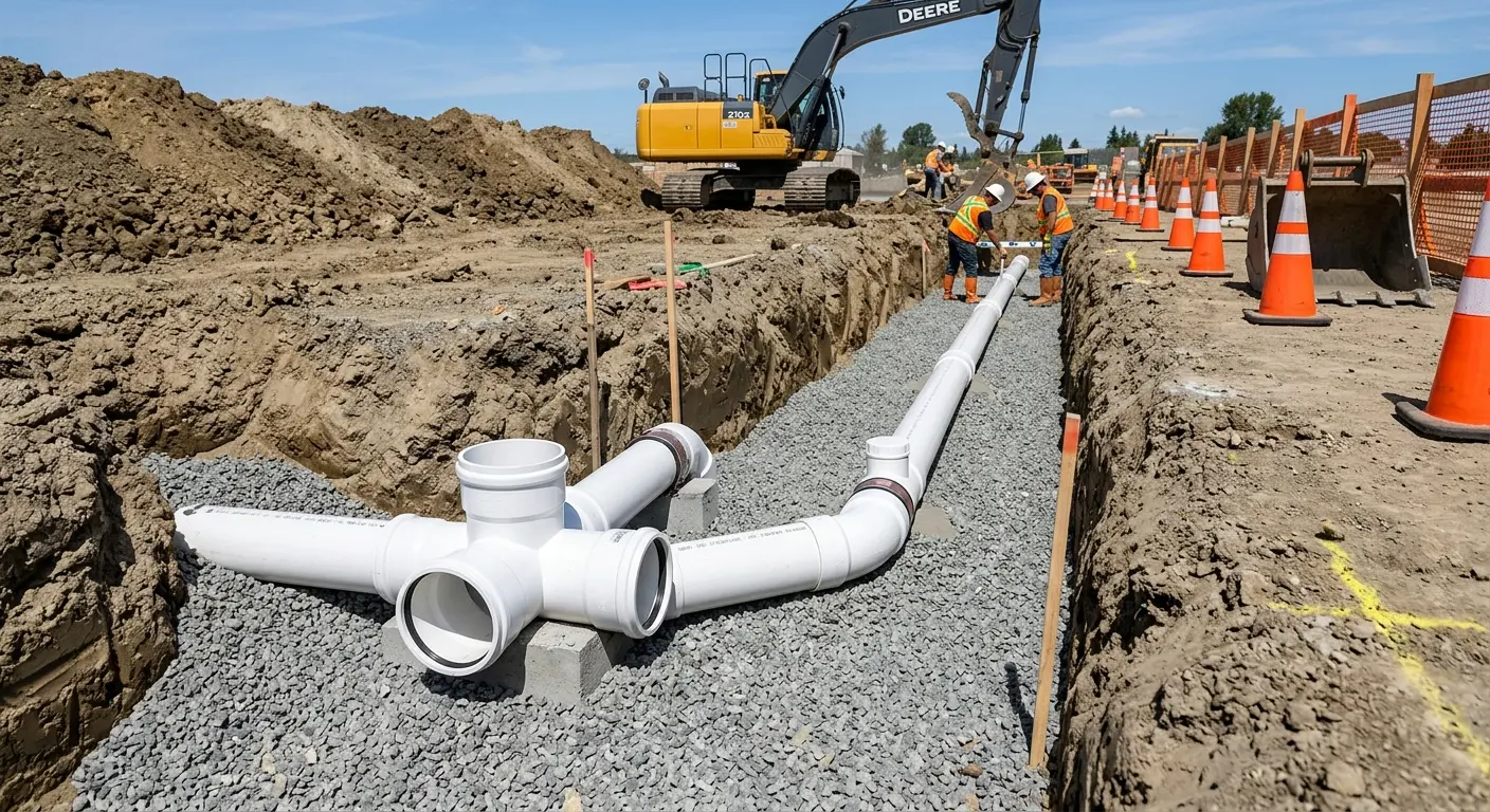 New PVC sewer pipe installation in open trench for Sewer Backup in Cazenovia