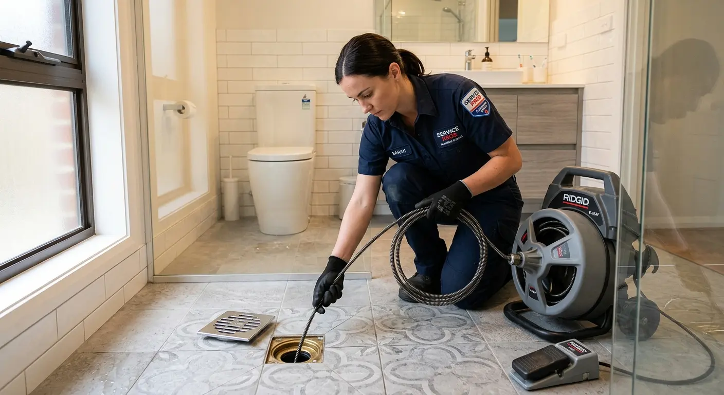 Technician clearing a bathroom floor drain for Drain Cleaning in Cazenovia